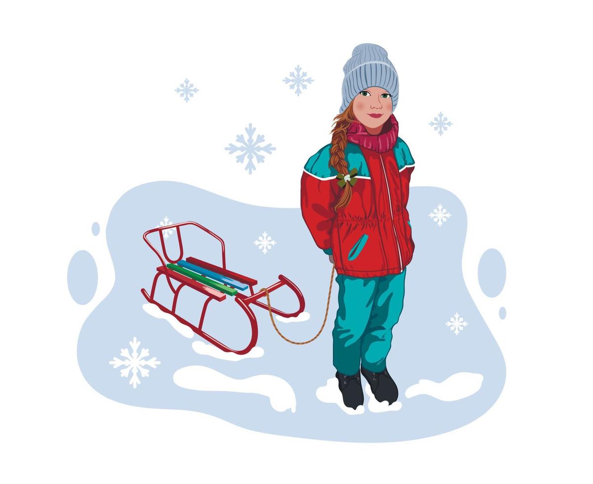 meisje met een varkensstaart in een hoed en een winter pak met een slee Aan een snaar. winter afbeelding, vector
