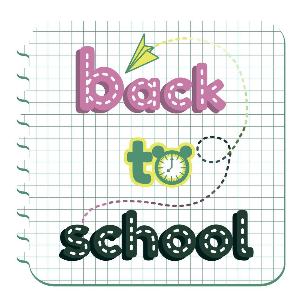 terug naar school, school- ansichtkaart Aan de achtergrond van een vel met een notitieboekje in een kooi vector