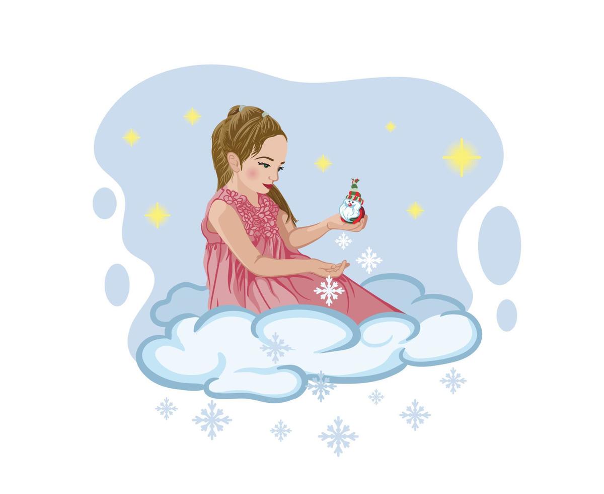 schattig meisje Aan een wolk giet sneeuwvlokken tegen de achtergrond van de sterrenhemel lucht en sneeuwvlokken. vector illustratie