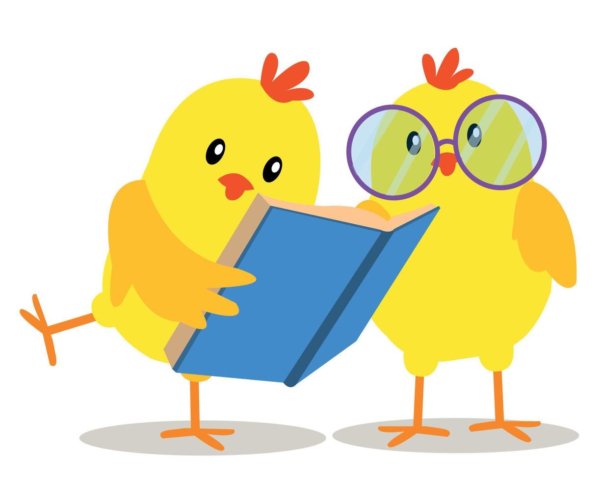 schattig geel kuikens lezing een boek vector