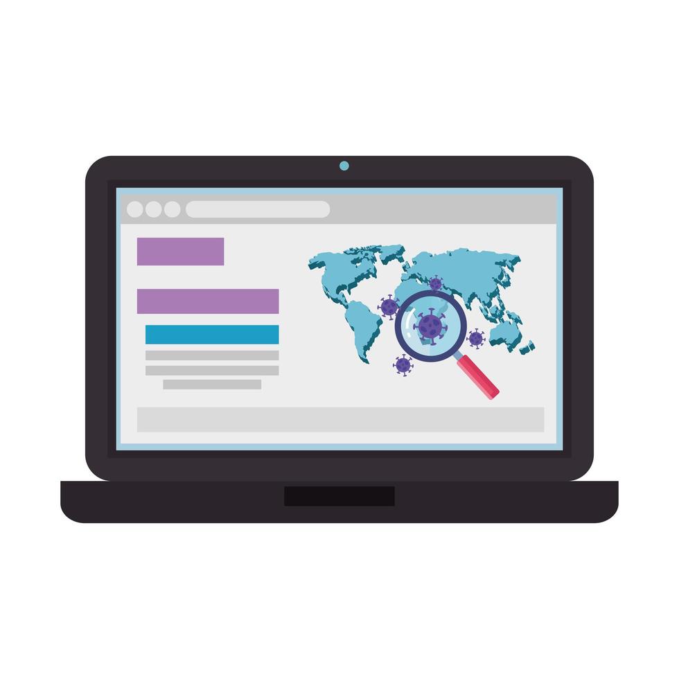 earth-kaart met covid19-deeltjes en vergrootglas in laptop vector