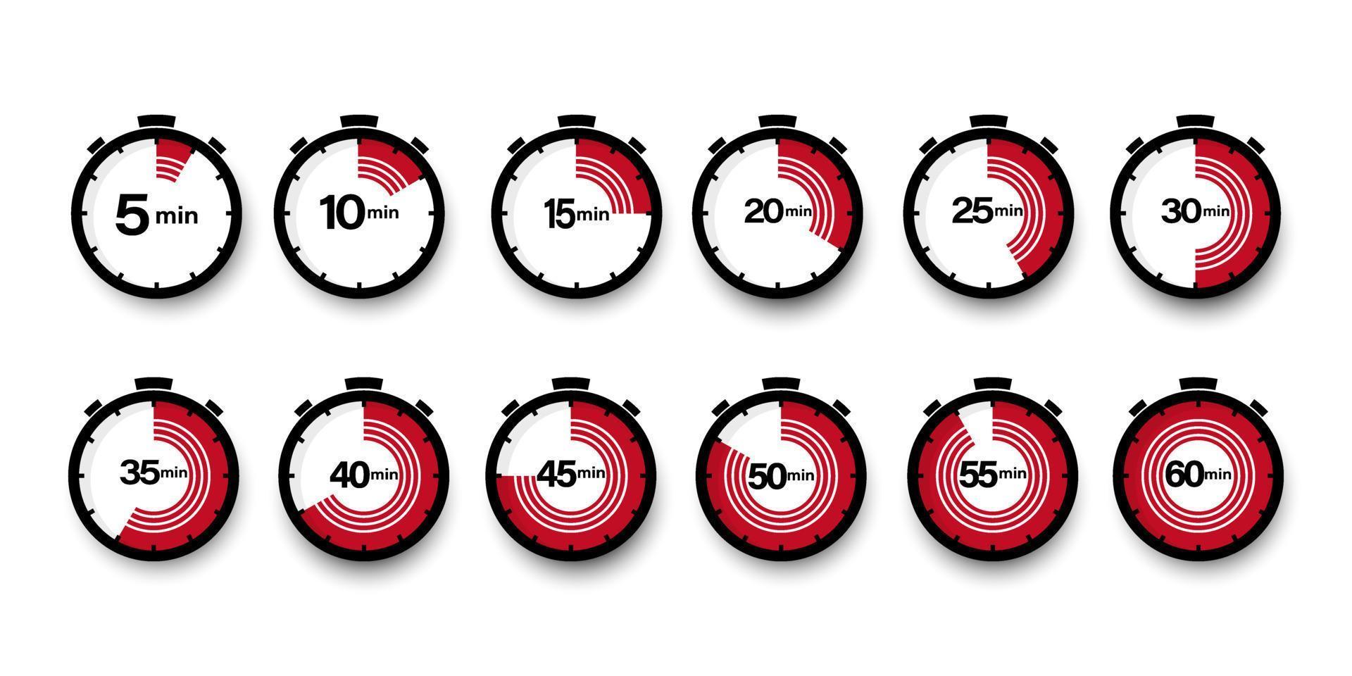 reeks van tijdopnemers. 5, 10, 15, 20, 25, 30, 35, 40, 45, 50, 55, en 60 minuten. countdown timer pictogrammen set. geïsoleerd vector illustratie.