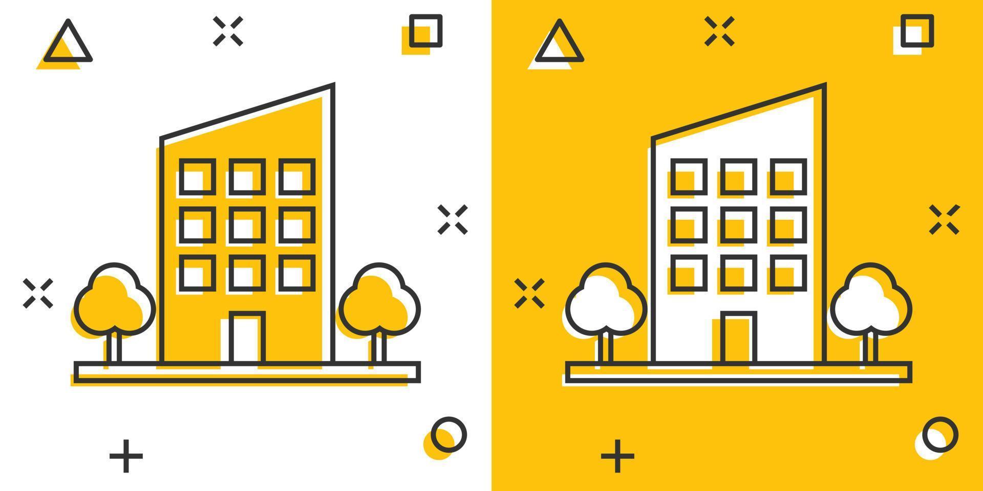 vector tekenfilm gebouw met bomen in grappig stijl. huis teken illustratie pictogram. gebouw bedrijf plons effect concept.