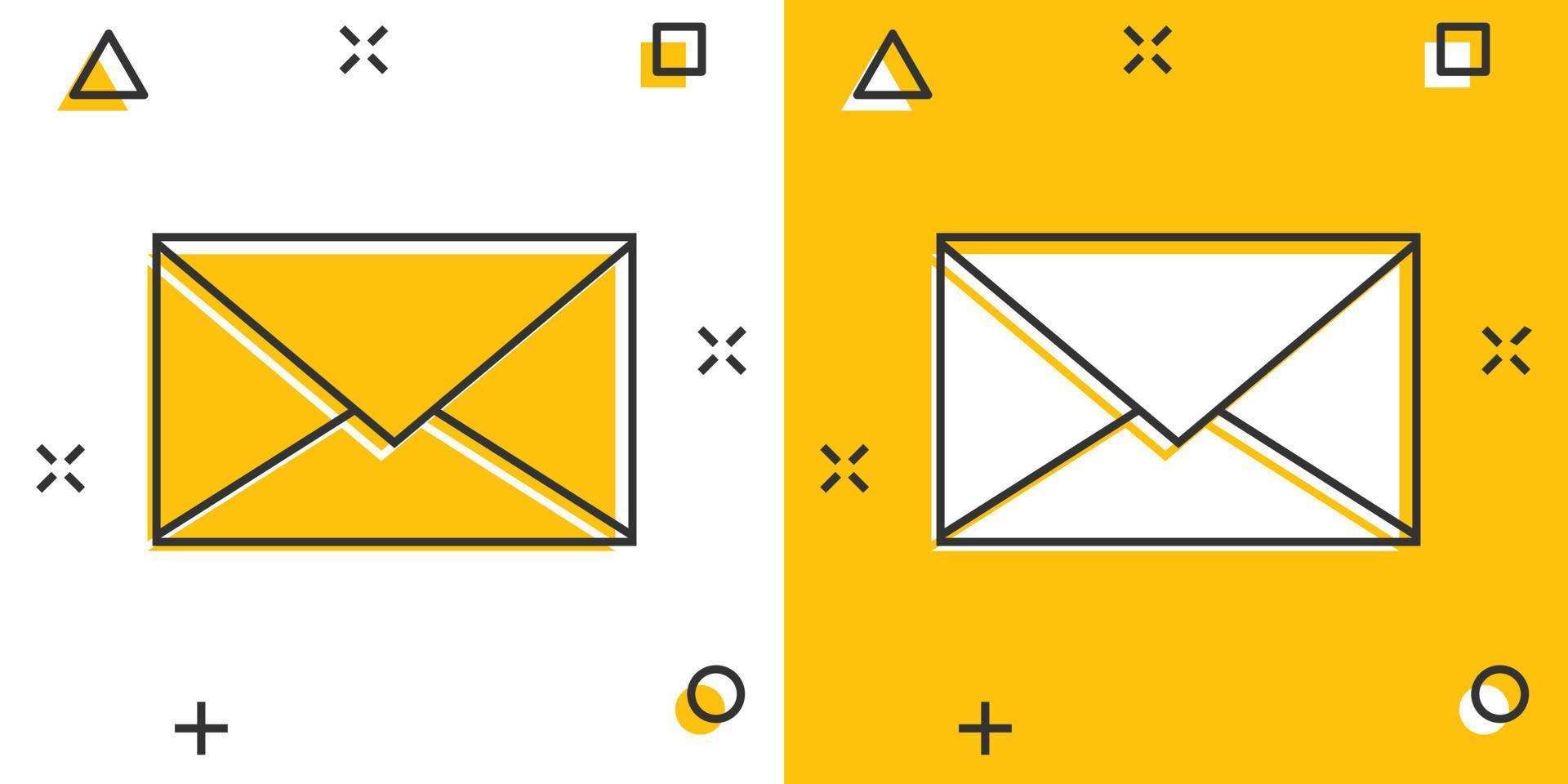 mail envelop icoon in grappig stijl. e-mail bericht vector tekenfilm illustratie pictogram. postbus e-mail bedrijf concept plons effect.