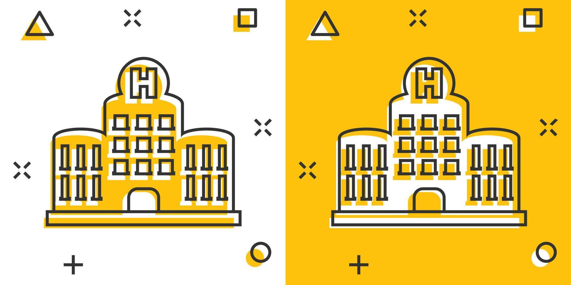 ziekenhuis gebouw icoon in grappig stijl. ziekenboeg vector tekenfilm illustratie Aan wit geïsoleerd achtergrond. medisch ambulance bedrijf concept plons effect.