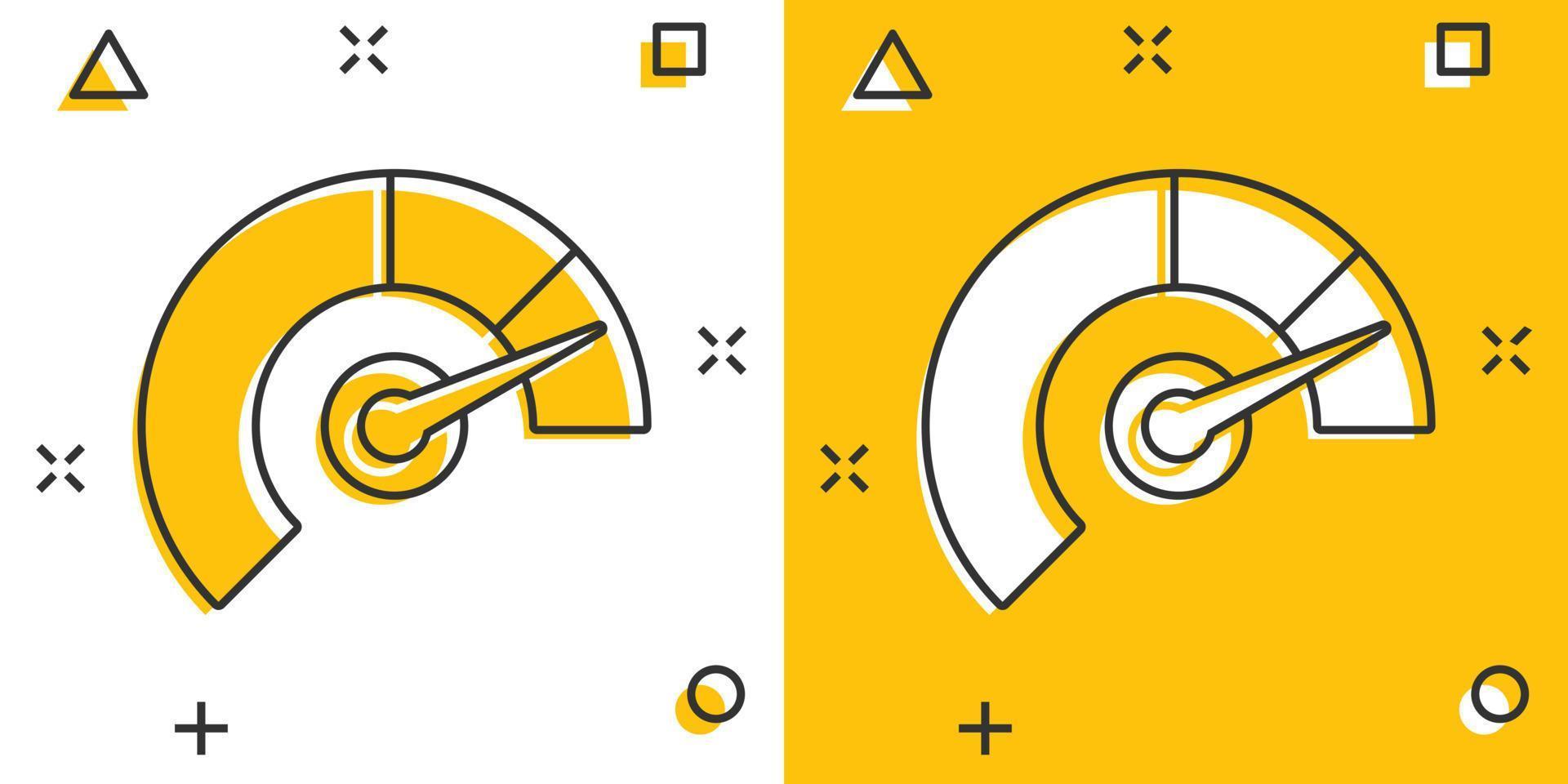 meter dashboard icoon in grappig stijl. credit partituur indicator niveau vector tekenfilm illustratie pictogram. meters met meten schaal bedrijf concept plons effect.