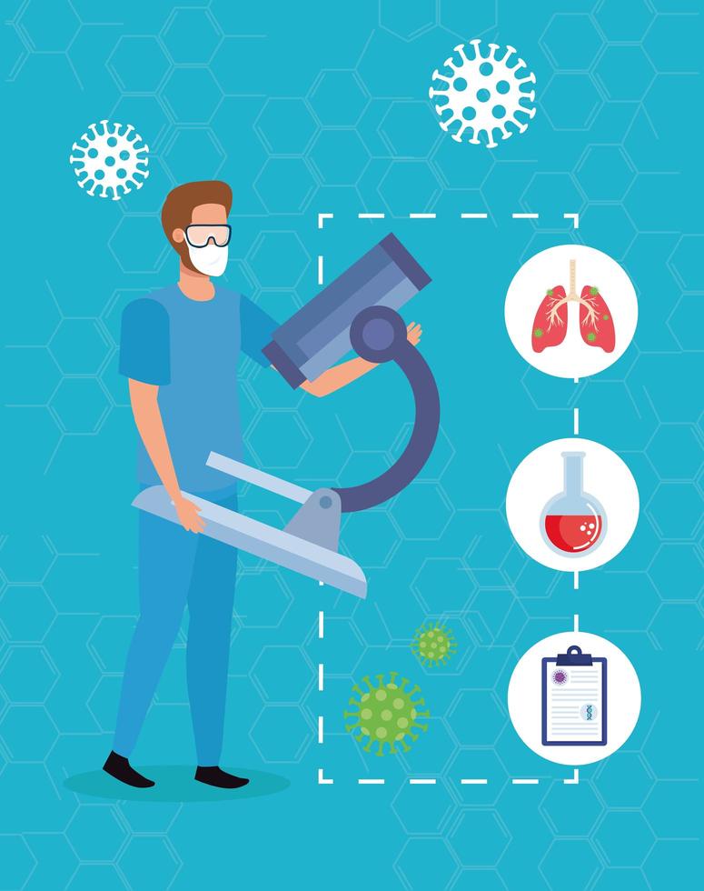 paramedicus met deeltjes covid 19 en medische pictogrammen vector