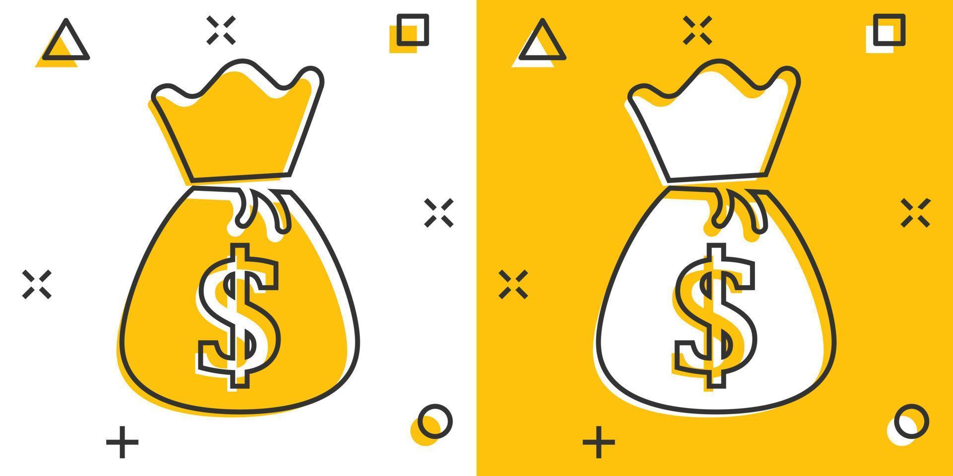 vector tekenfilm geld zak icoon in grappig stijl. geldtas met dollar illustratie pictogram. geld contant geld zak plons effect concept.