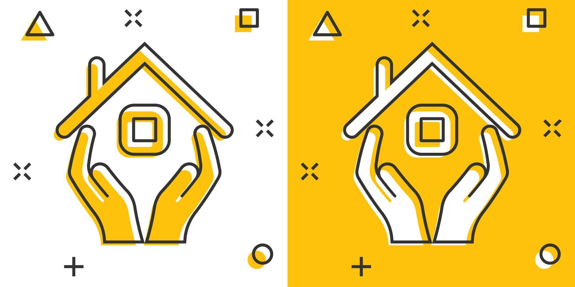 huis zorg icoon in grappig stijl. hand- houden huis vector tekenfilm illustratie Aan wit geïsoleerd achtergrond. gebouw kwaliteit bedrijf concept plons effect.