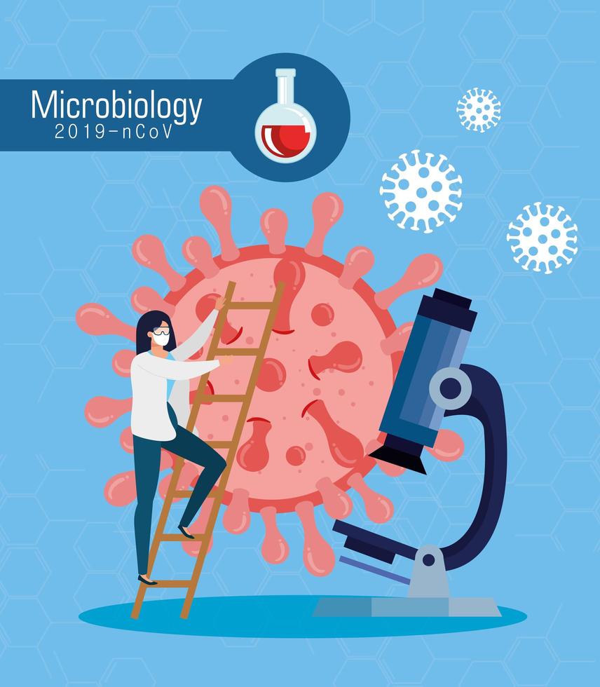 microbiologie voor covid 19 met vrouwelijke arts en microscoop vector