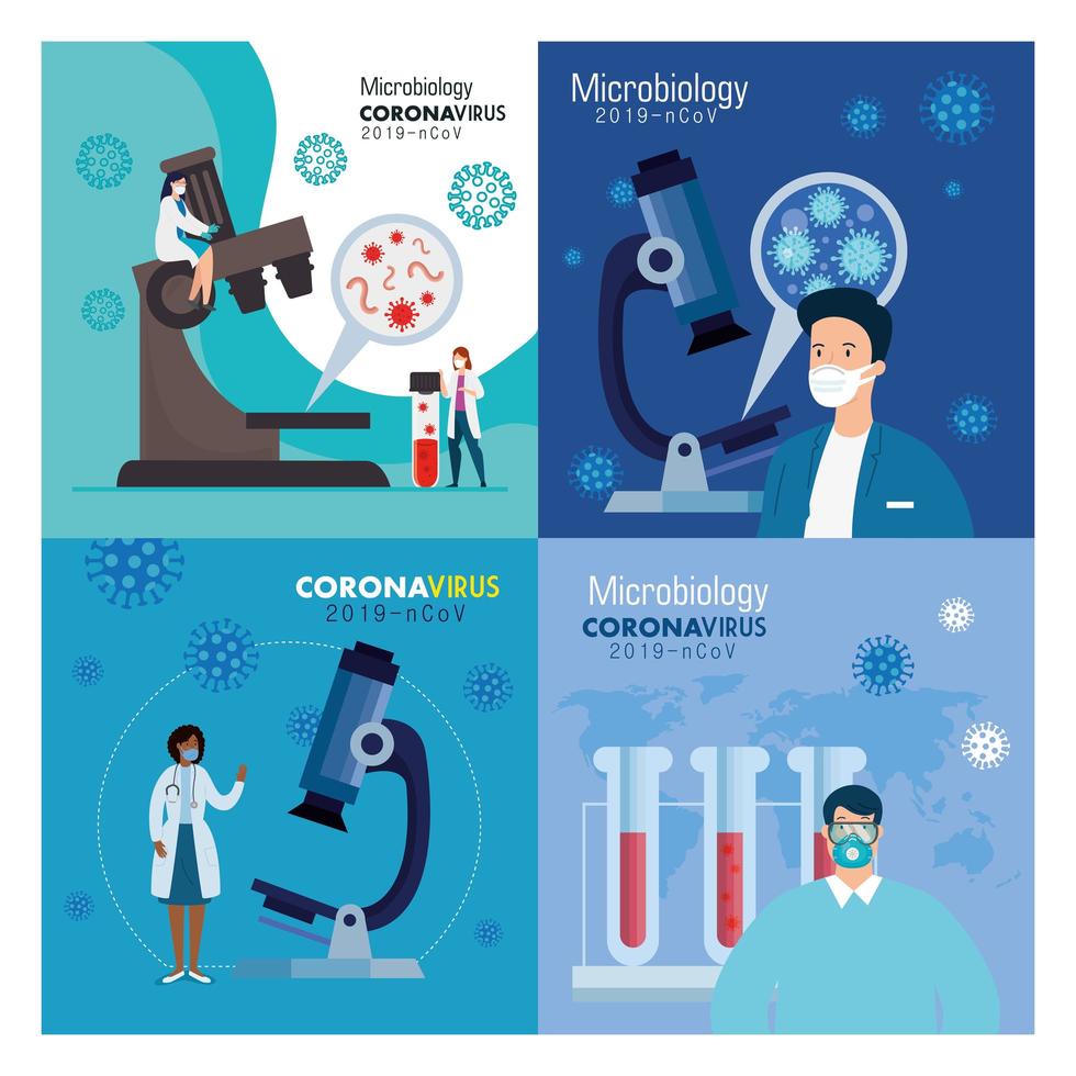 poster van microbiologie instellen voor covid 19 en medische pictogrammen vector