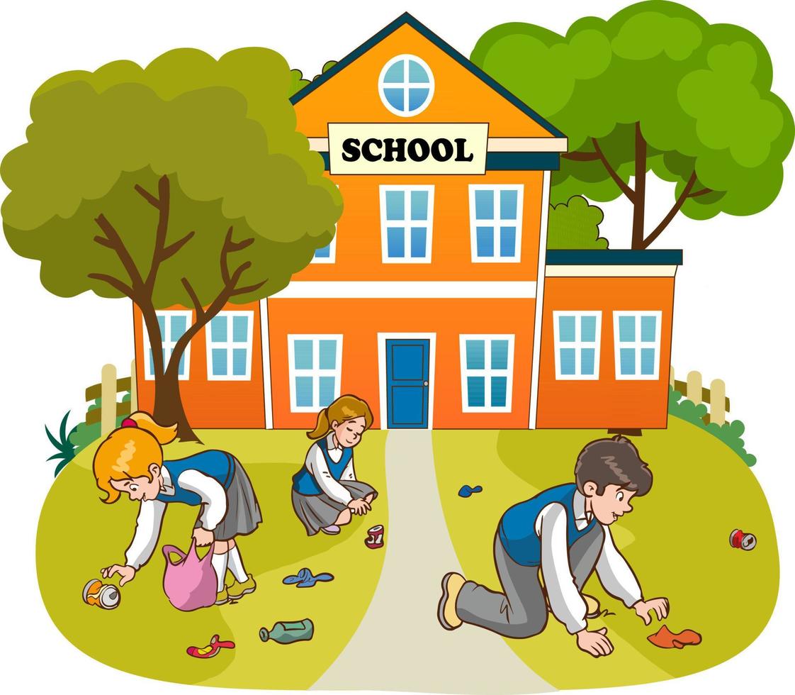 kinderen vrijwilligerswerk schoonmaak omhoog school- tekenfilm vector illustratie