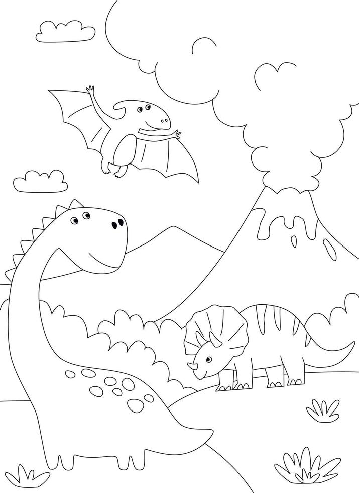 een dinosaurus tekenfilm schattig dier achtergrond prehistorisch landschap kleur schets tafereel. vector afdrukbare kleur bladzijde voor kinderen in tekenfilm stijl