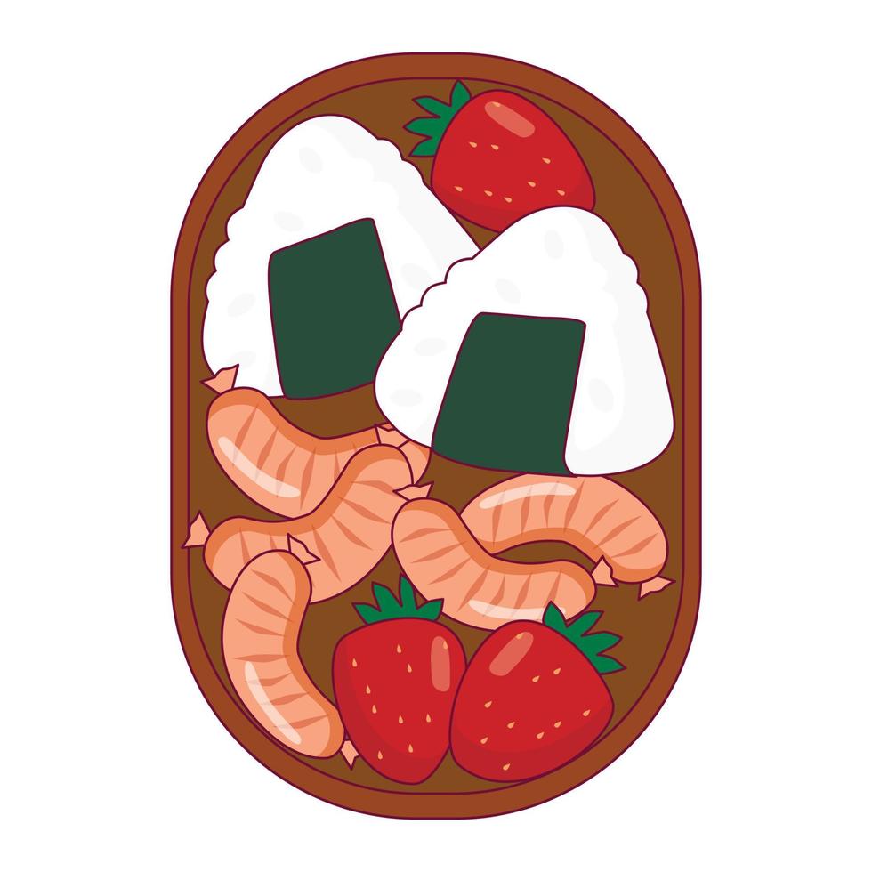 traditioneel Japans bento lunch met onigiri, worstjes en aardbeien. vector illustratie