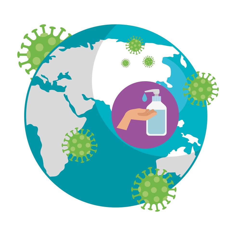 planeet aarde met covid19-deeltjes en antibacteriële zeepfles vector