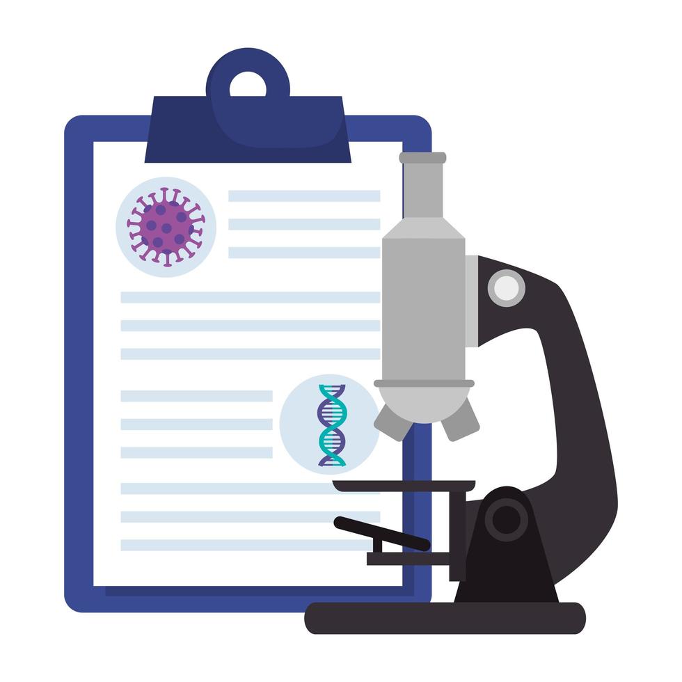 microscoop met deeltjescovid 19 in klembord en dna-structuur vector