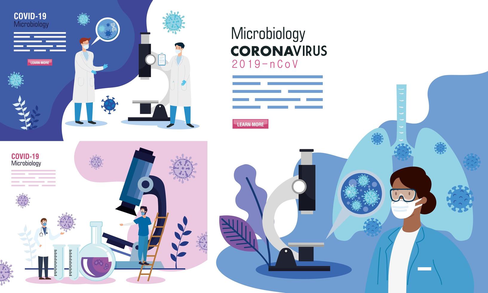 poster van microbiologie instellen voor covid 19 en medische pictogrammen vector
