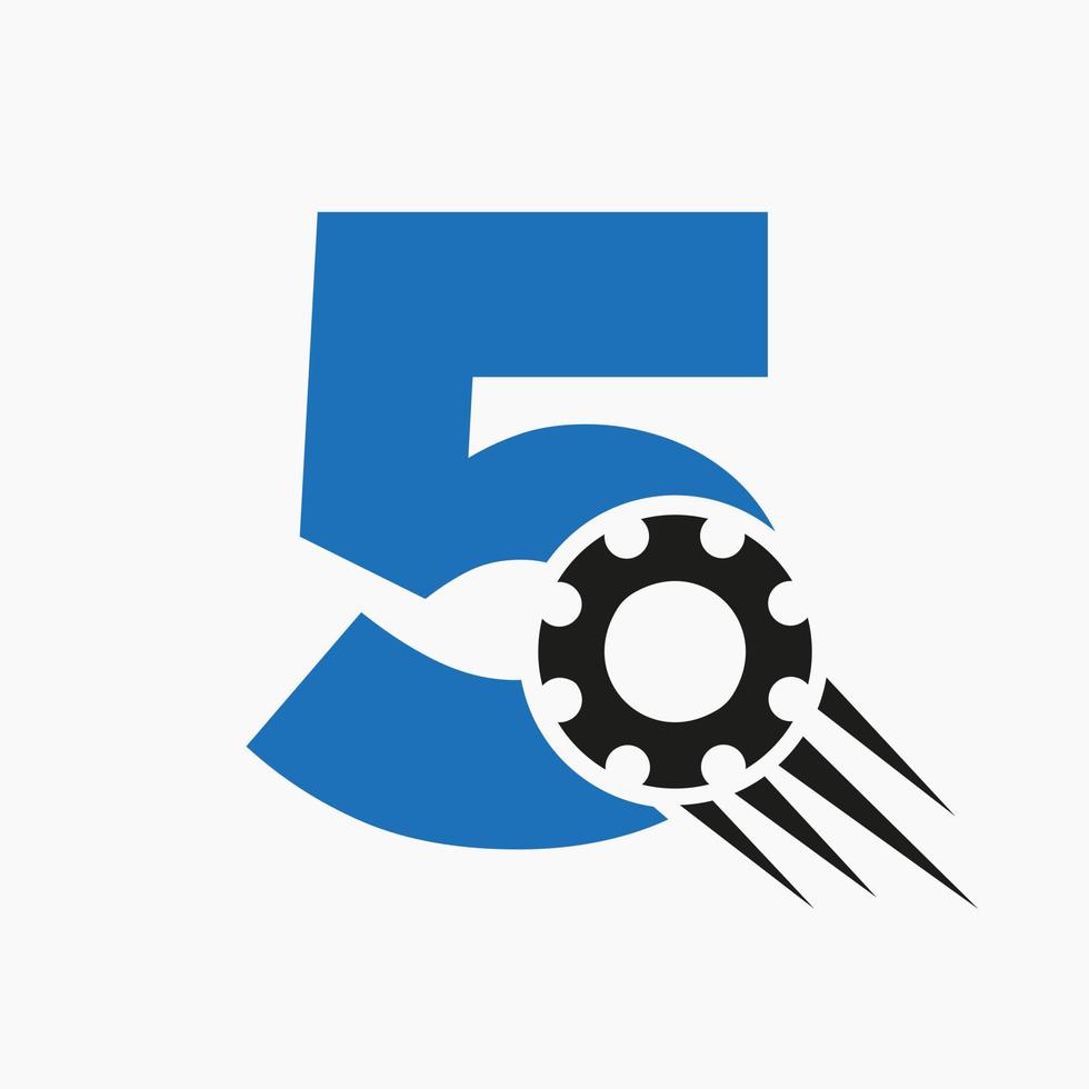 brief 5 uitrusting tandrad logo. automotive industrieel icoon, uitrusting logo, auto reparatie symbool vector