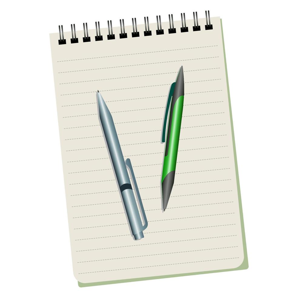 notitieboekje en twee pennen Aan een wit achtergrond vector