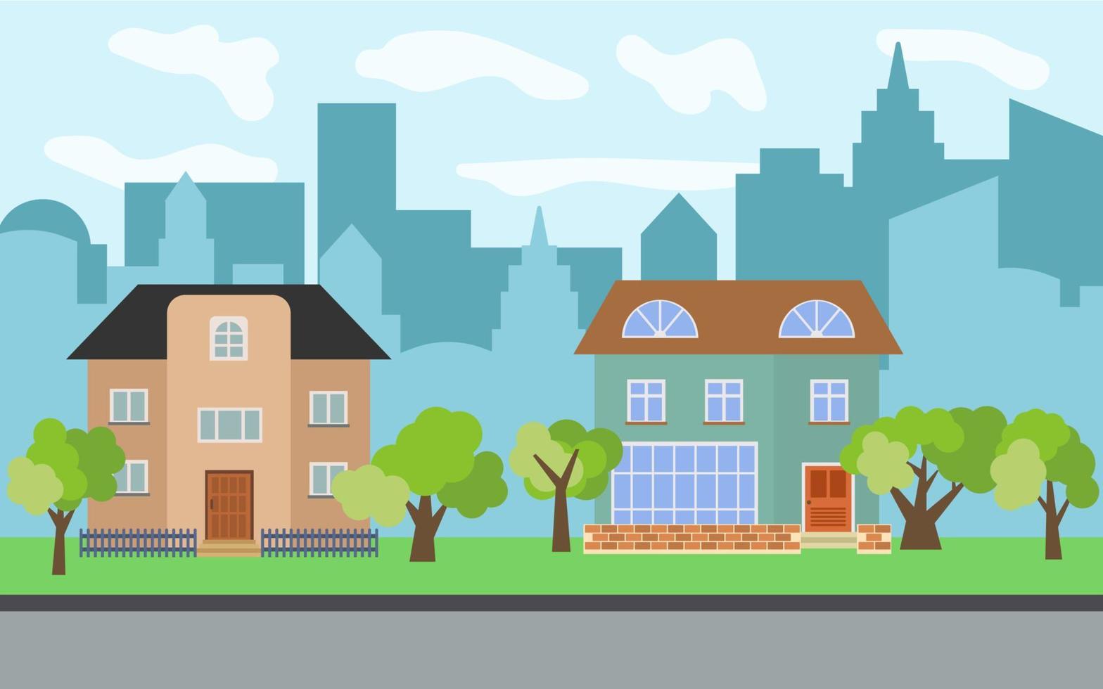 vector stad met twee twee verdiepingen tekenfilm huizen en groen bomen in de zonnig dag. zomer stedelijk landschap. straat visie met stadsgezicht Aan een achtergrond