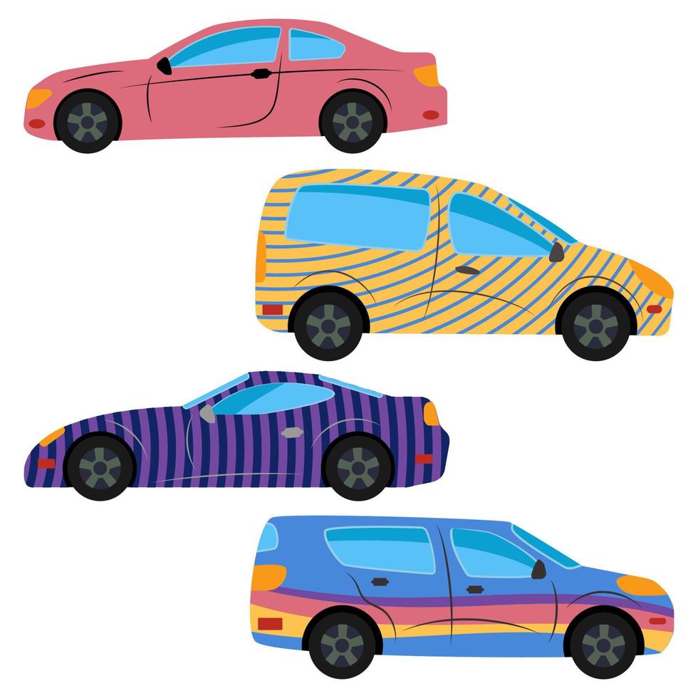 een reeks van drie auto's geschilderd in verschillend kleuren. vector illustratie