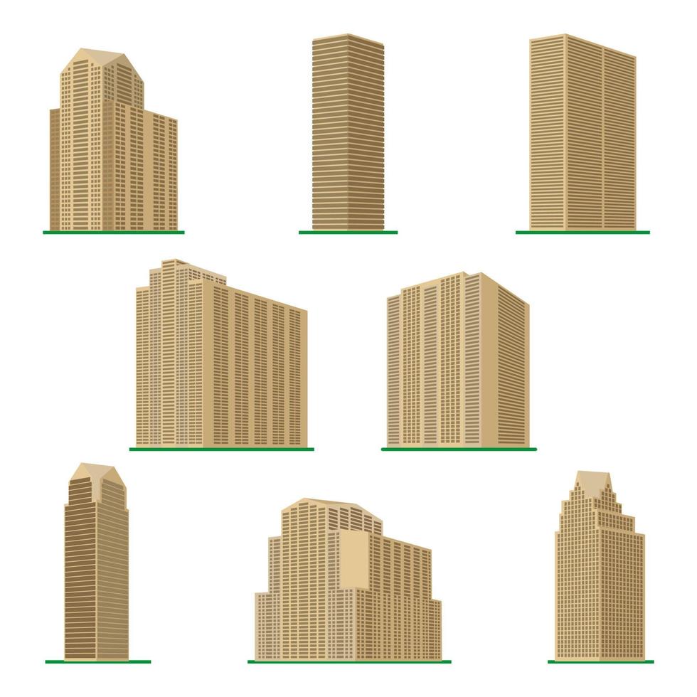 reeks van acht modern hoogbouw gebouw Aan een wit achtergrond. visie van de gebouw van de onderkant. isometrische vector illustratie.