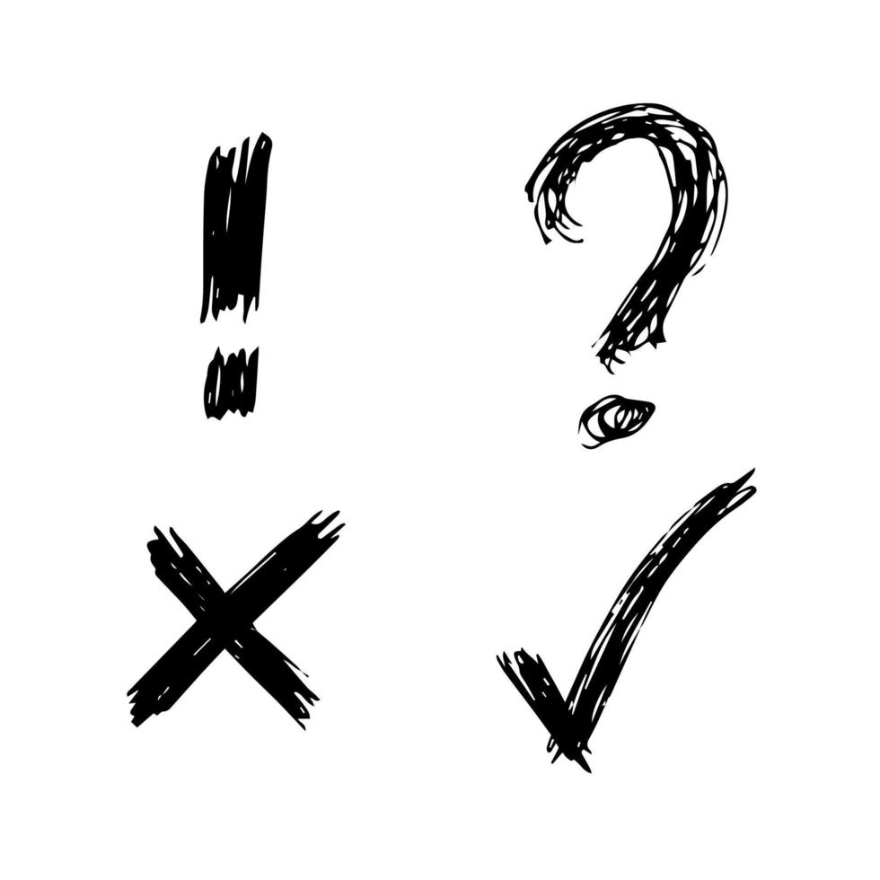 hand- getrokken controleren, kruis, vraag Mark en uitroep Mark symbolen. reeks van vier zwart schetsen symbolen. vector illustratie
