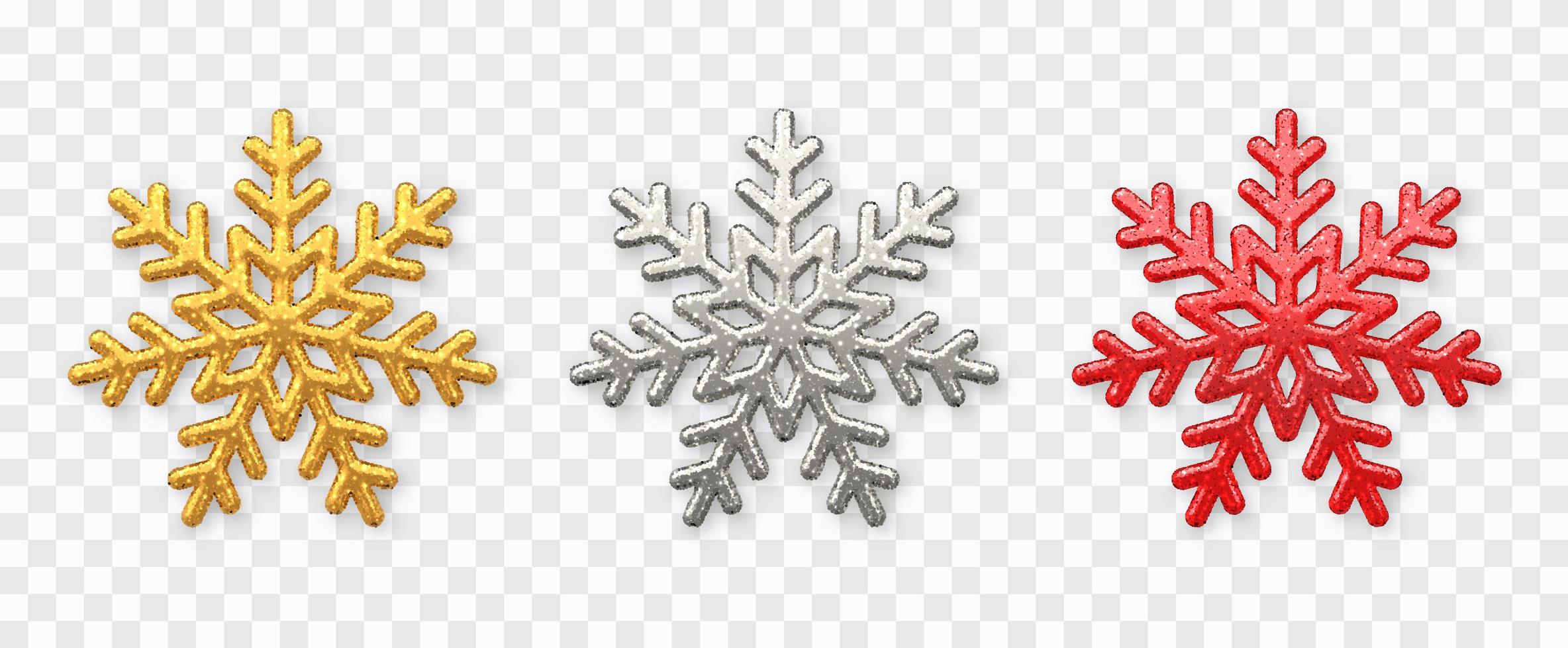 sneeuwvlokken instellen. sprankelende gouden, zilveren en rode sneeuwvlokken met glitter textuur geïsoleerd op de achtergrond. kerst decoratie. vector