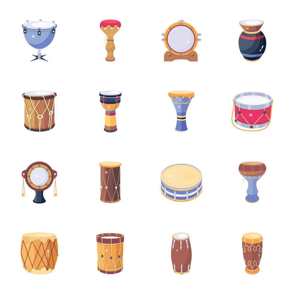 pak van oude drums vlak pictogrammen vector