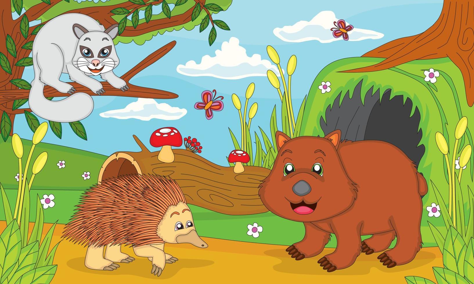 Australisch dier illustratie, wombat, echidna en buidelrat met Woud landschap achtergrond. mooi zo voor kinderen verhaal boeken, opleiding, afdrukken, t-shirts, stickers, websites en meer vector