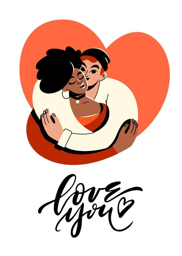 een inclusief Valentijnsdag dag kaart. een verklaring van liefde. ansichtkaart sjabloon. mensen in liefde, hart, opschrift vector