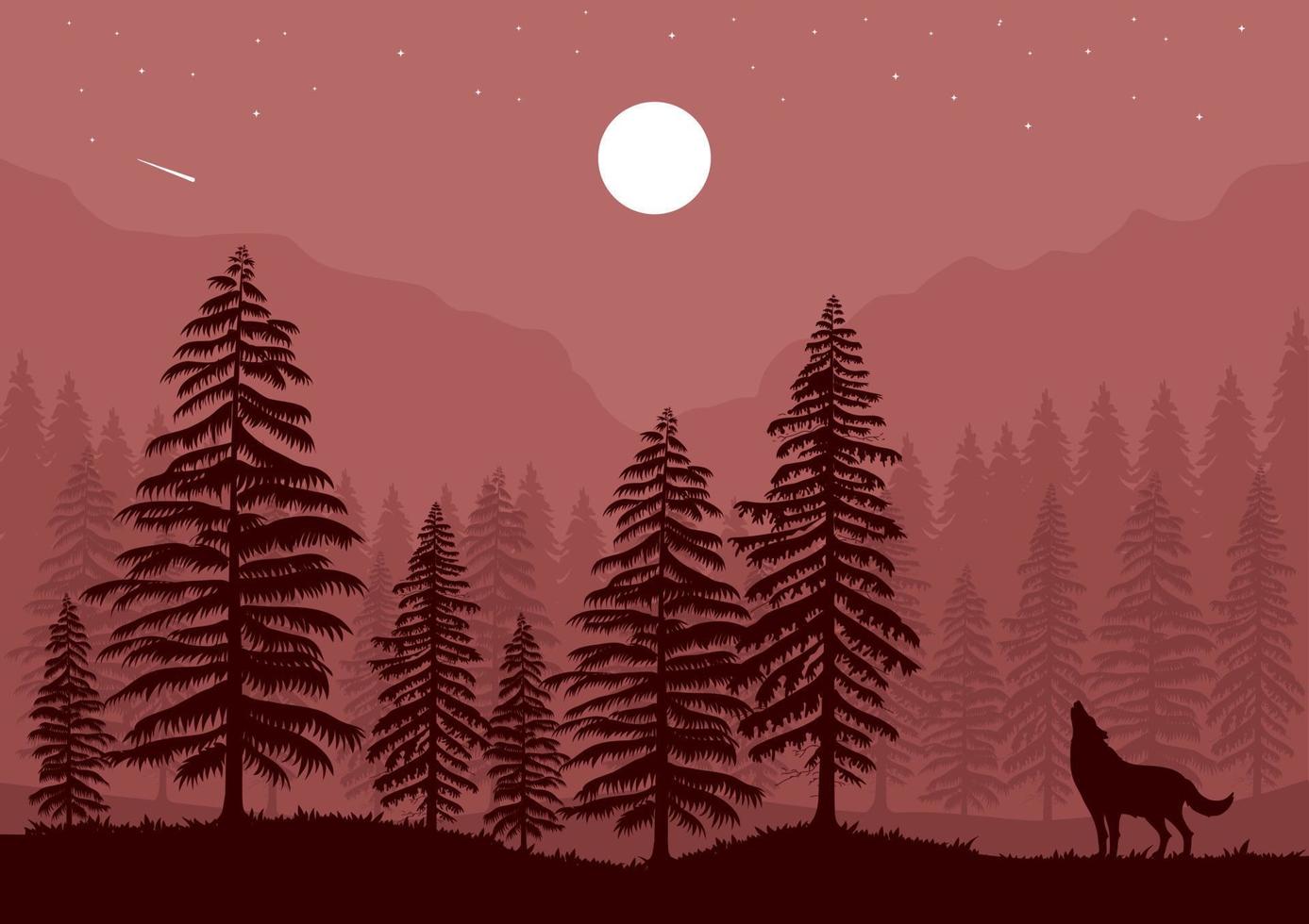 Woud landschap met een wolf en vol maan Bij nacht vector illustratie