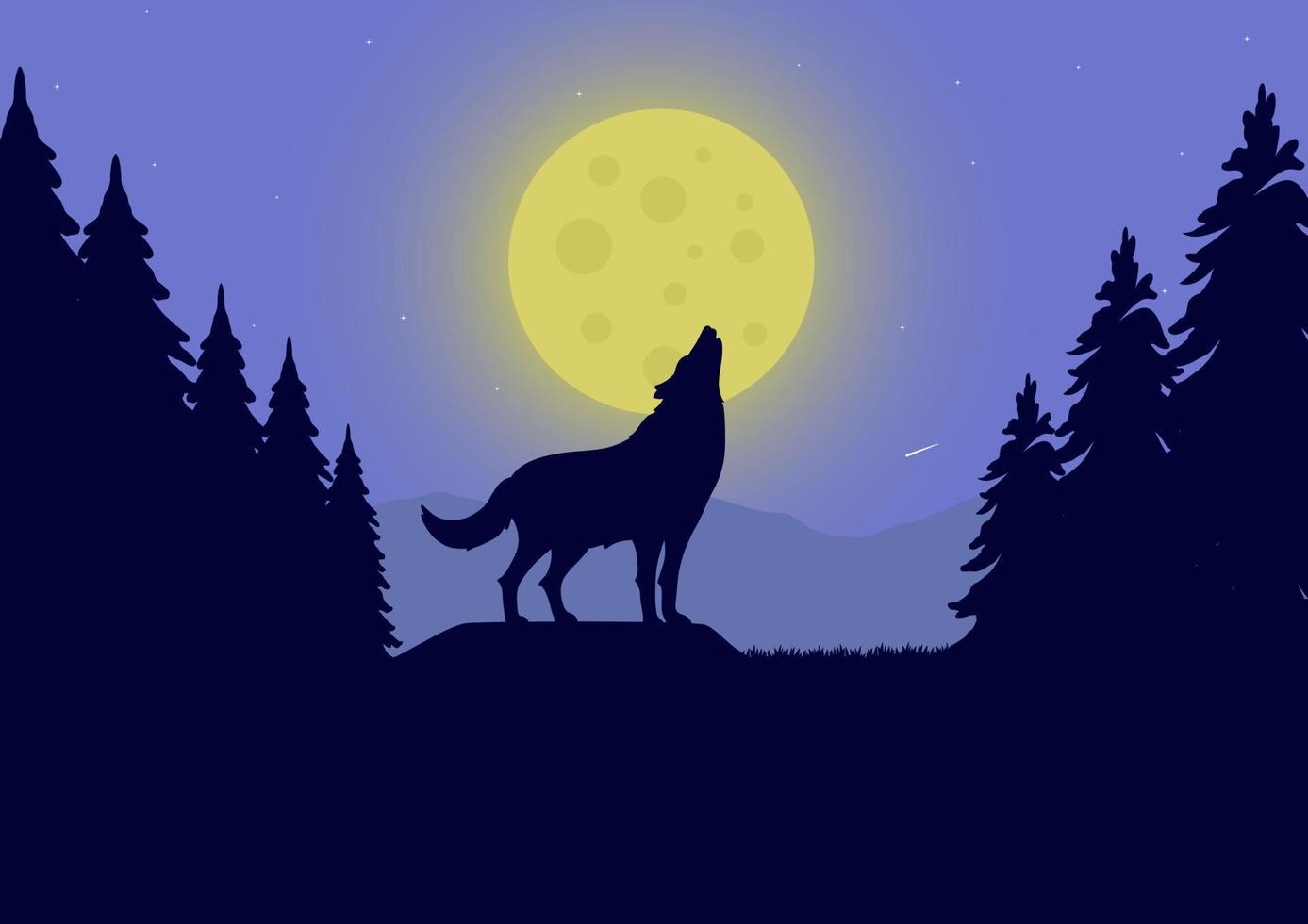 wolf gehuil Bij de vol maan in de nacht Woud vector illustratie