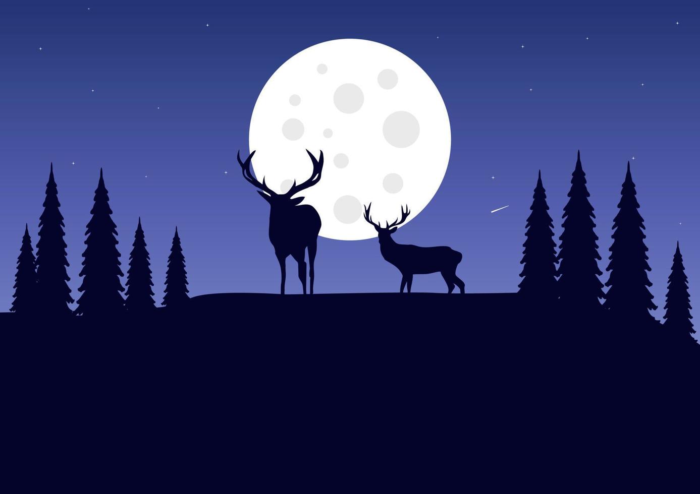 silhouet van hert in de Woud Bij nacht met vol maan achtergrond. vector illustratie.