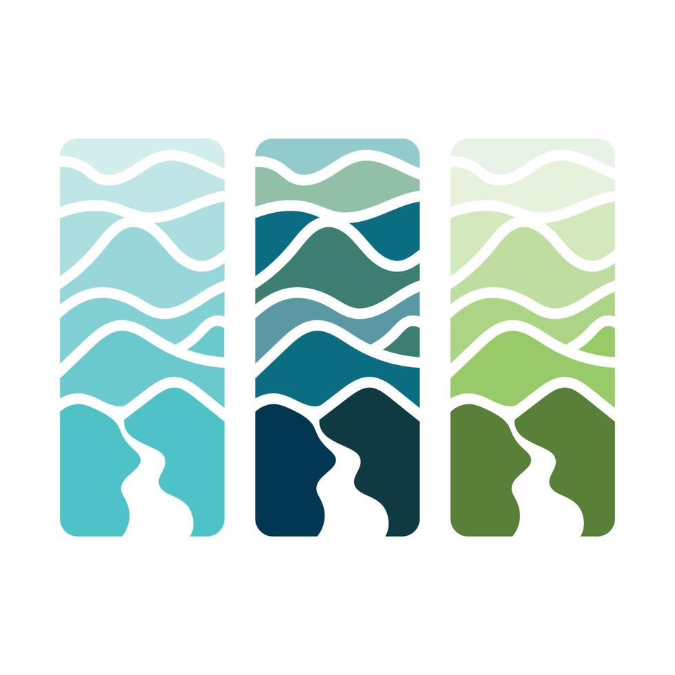logos van rivieren, kreken, rivieroevers en stromen, zijrivieren, rivieroevers met een combinatie van bergen en agrarisch land- met een modern en gemakkelijk minimalistische vector ontwerp concept