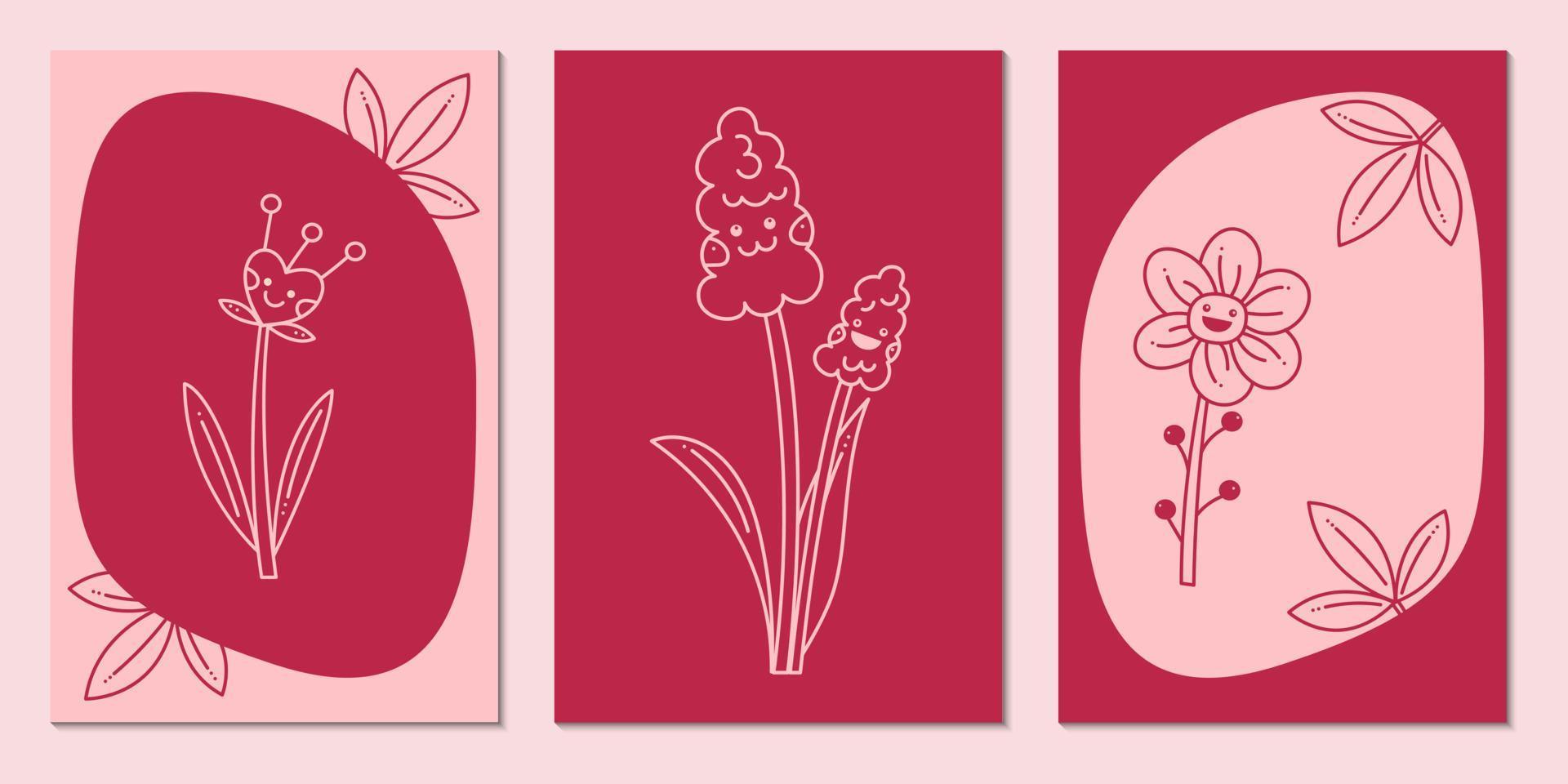 reeks van ansichtkaarten voor februari 14. drie ansichtkaarten voor Valentijnsdag dag met schattig bloem karakters. hand- getrokken tekening vector illustratie.