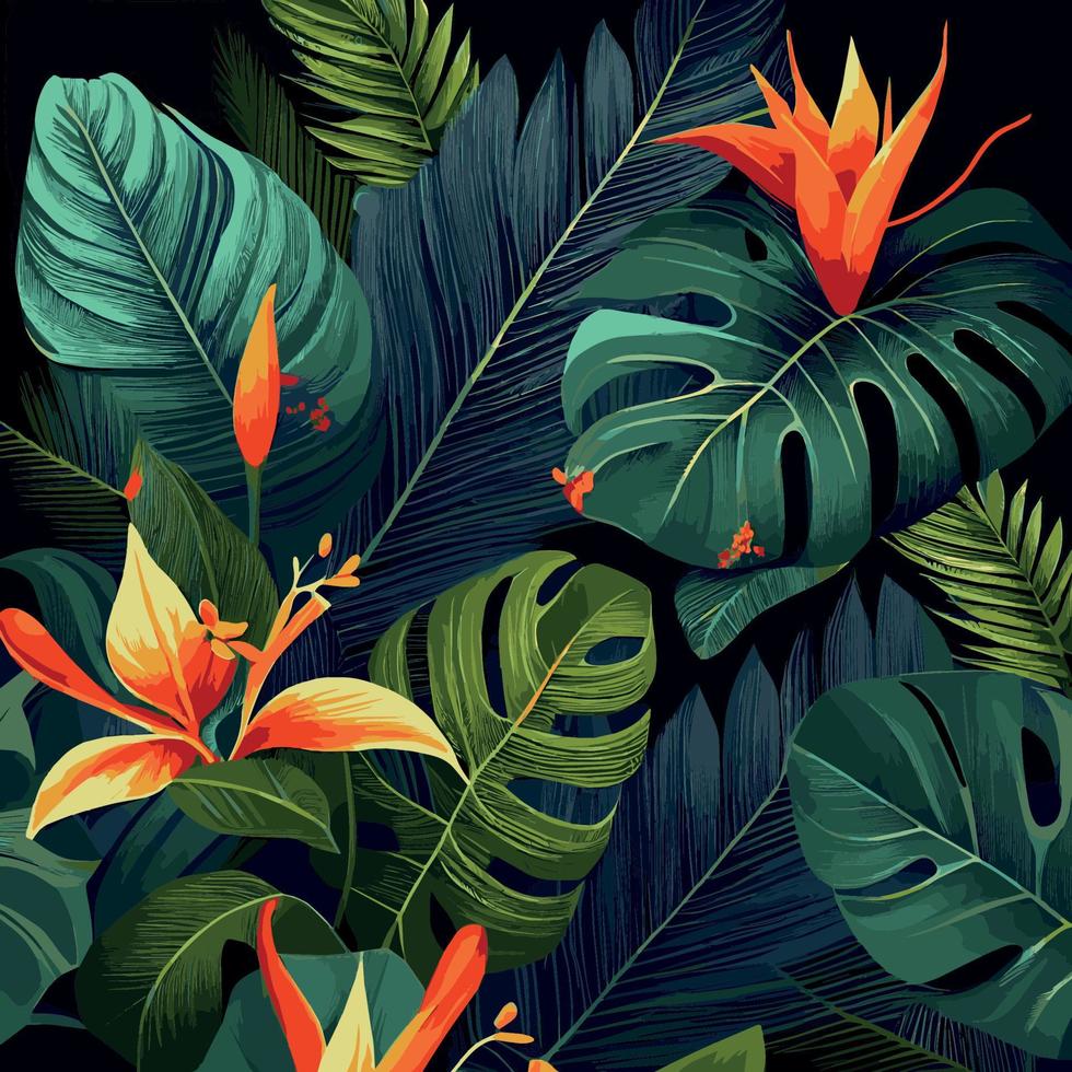 groen tropisch Woud achtergrond monstera bladeren, palm bladeren, takken. exotisch planten achtergrond voor banier, sjabloon, decor, ansichtkaart. abstract gebladerte en botanisch behang - vector