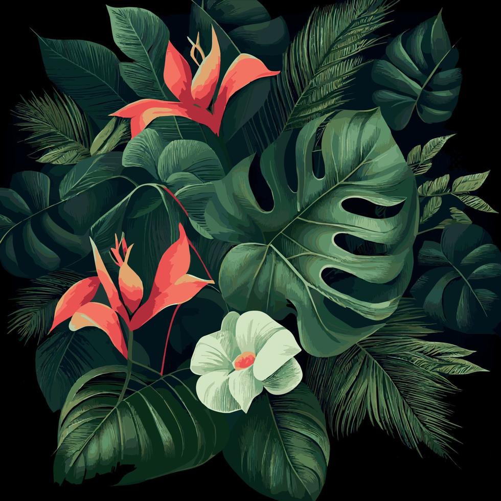 groen tropisch Woud achtergrond monstera bladeren, palm bladeren, takken. exotisch planten achtergrond voor banier, sjabloon, decor, ansichtkaart. abstract gebladerte en botanisch behang - vector