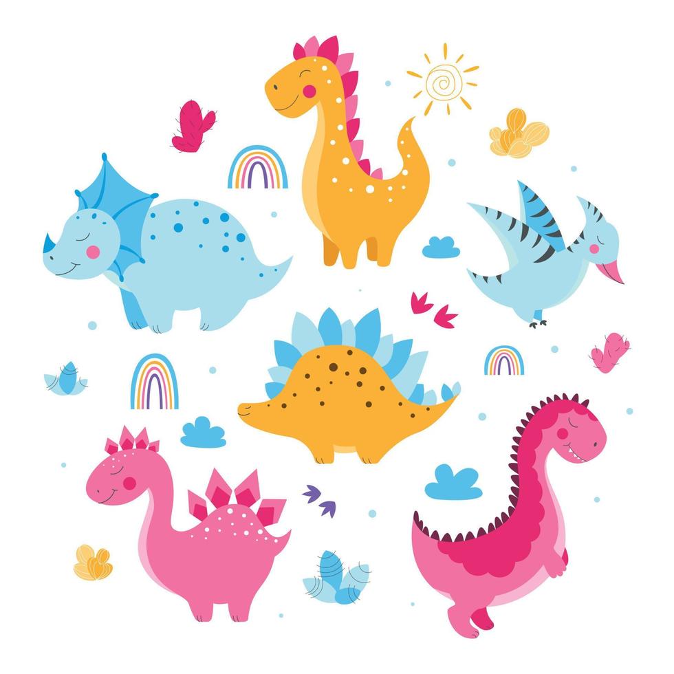 reeks van schattig dinosaurussen, schattig vector dinosaurus illustraties, reeks van tekenfilm dinosaurussen Aan wit achtergrond, reeks van tekenfilm cactussen, schattig bergen