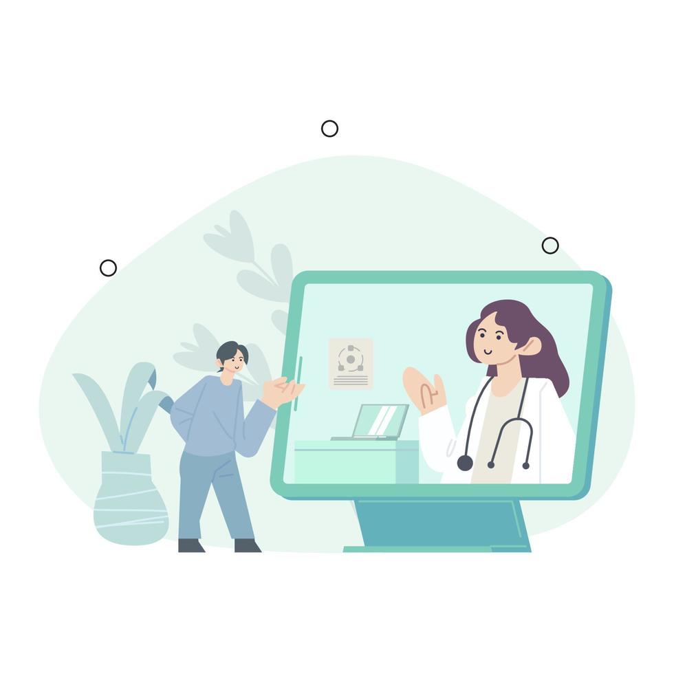 online medisch Diensten illustratie. patiënten vergadering met artsen online, hebben overleg en ontvangen digitaal recept. telegeneeskunde en e-gezondheid concept. vector illustratie.