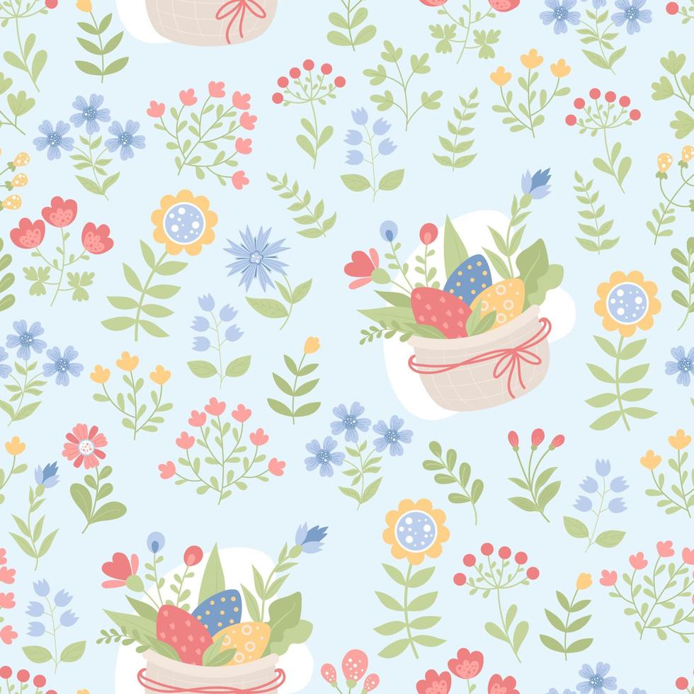 Pasen bloemen naadloos patroon. decoratief bloemen en mand van Pasen eieren Aan licht blauw achtergrond. vector illustratie. botanisch patroon voor decor, ontwerp, verpakking, behang, textiel.
