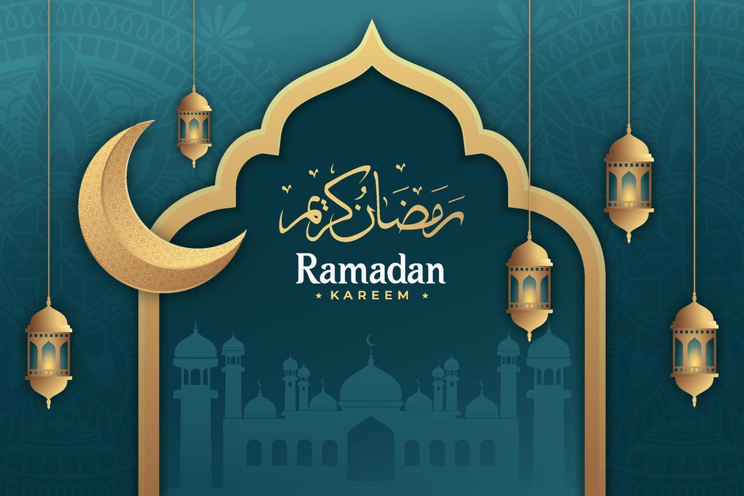 Ramadan kareem met lantaarns en mandala achtergrond premie vector