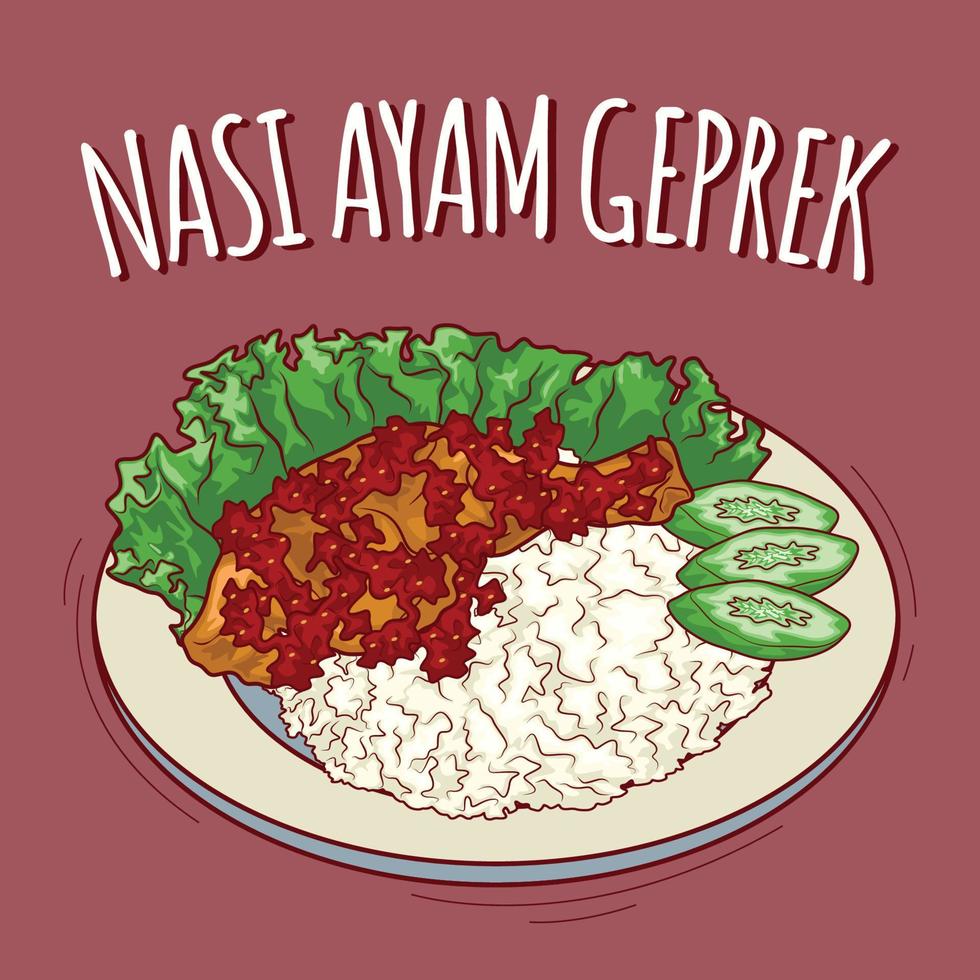 nasi ayam geprek illustratie Indonesisch voedsel met tekenfilm stijl vector