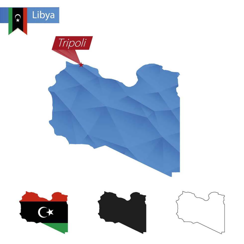 Libië blauw laag poly kaart met hoofdstad tripoli. vector