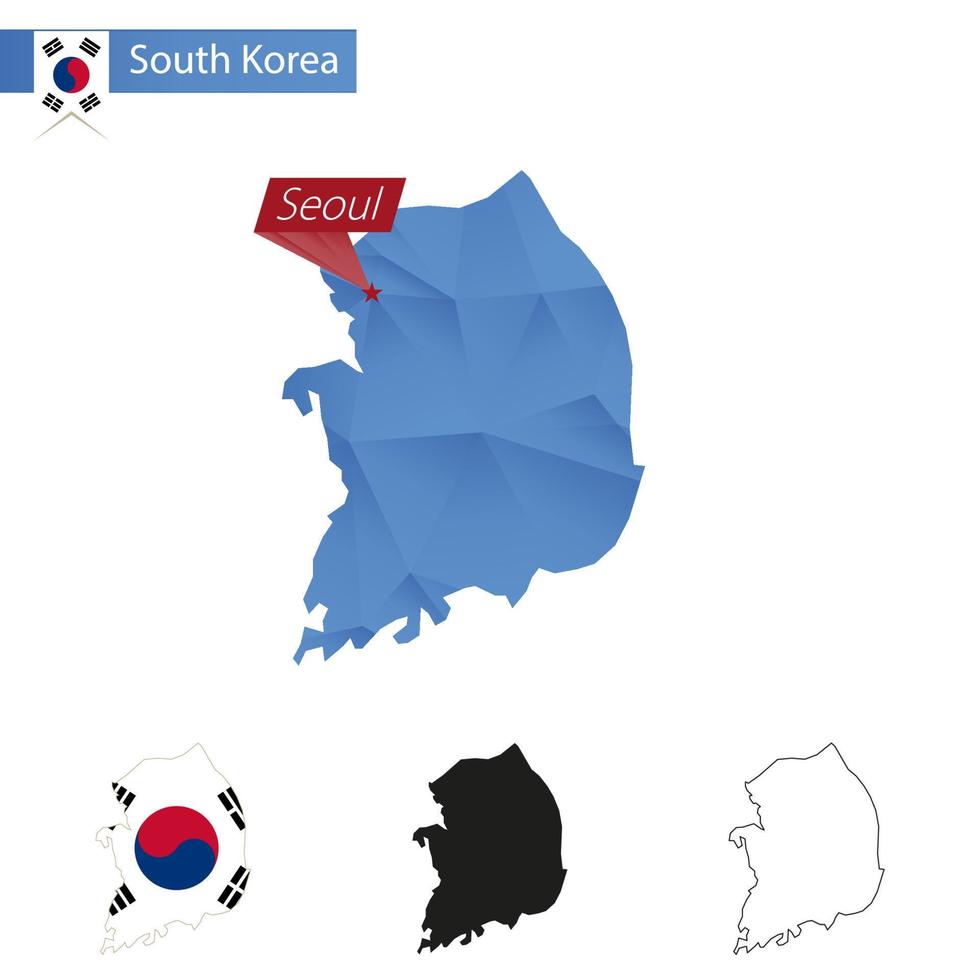 zuiden Korea blauw laag poly kaart met hoofdstad seoel. vector