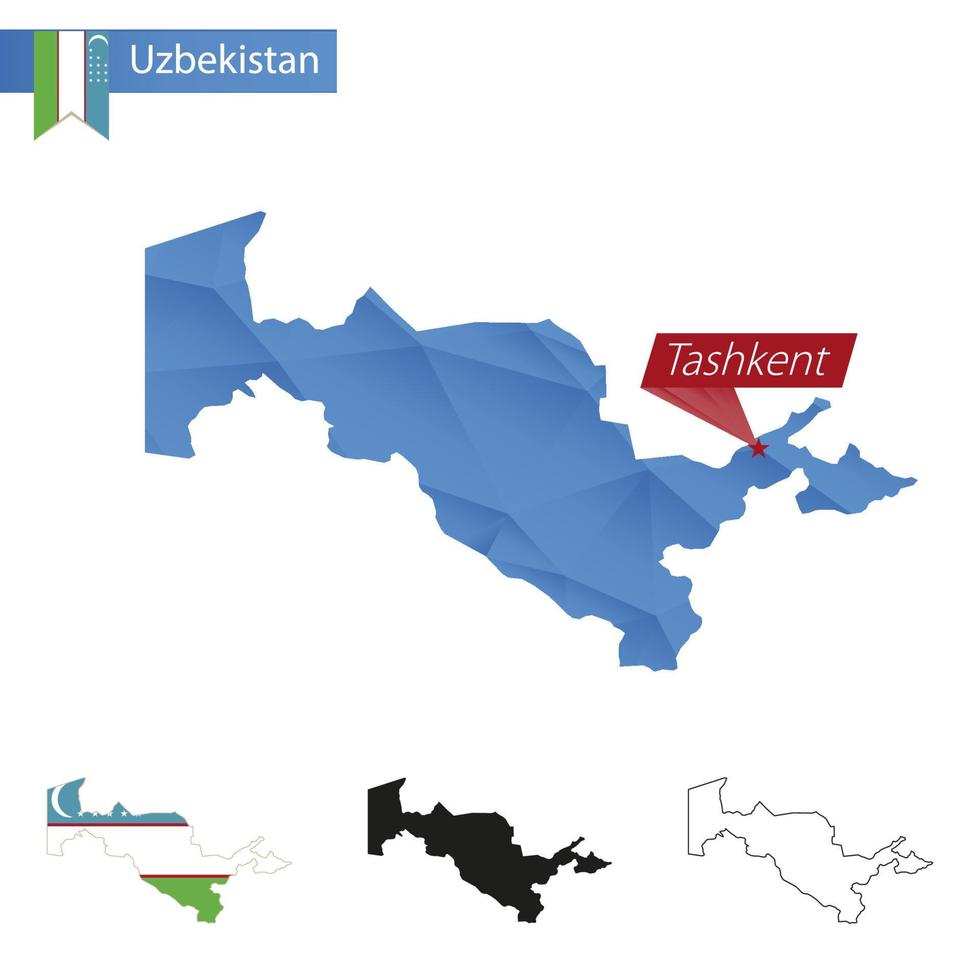 Oezbekistan blauw laag poly kaart met hoofdstad tasjkent. vector