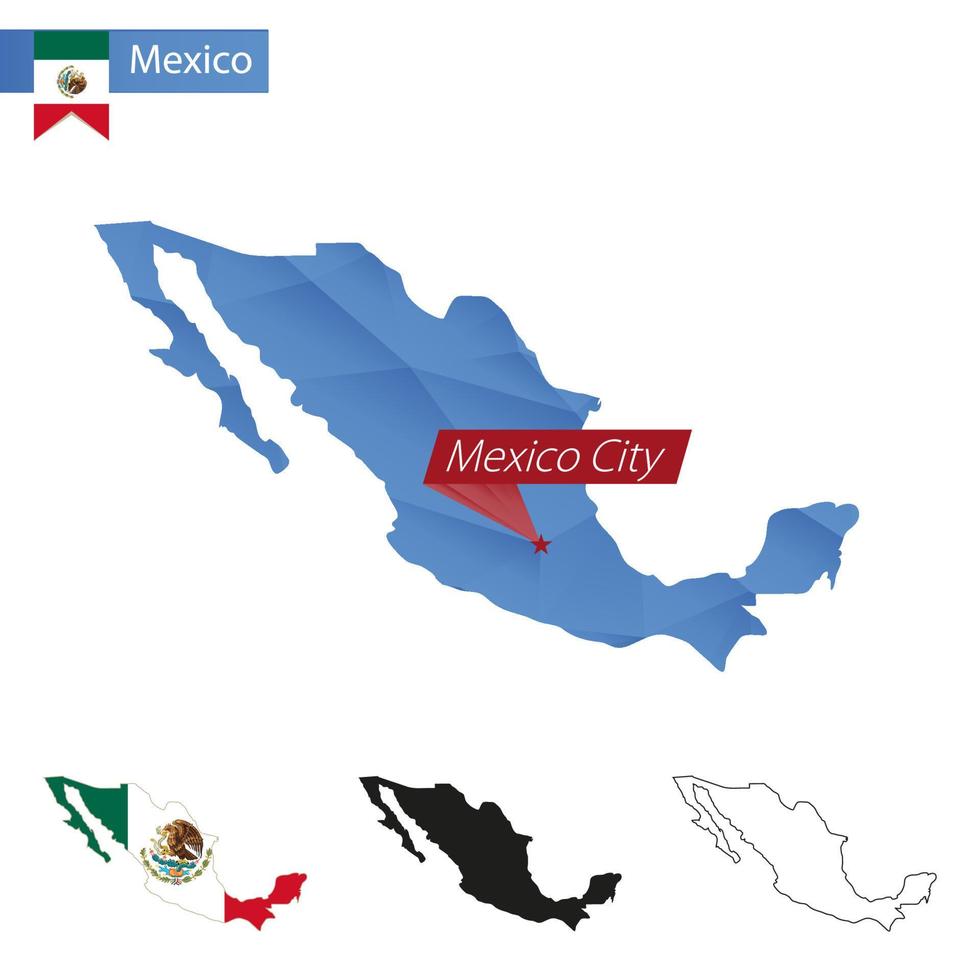 Mexico blauw laag poly kaart met hoofdstad Mexico stad. vector