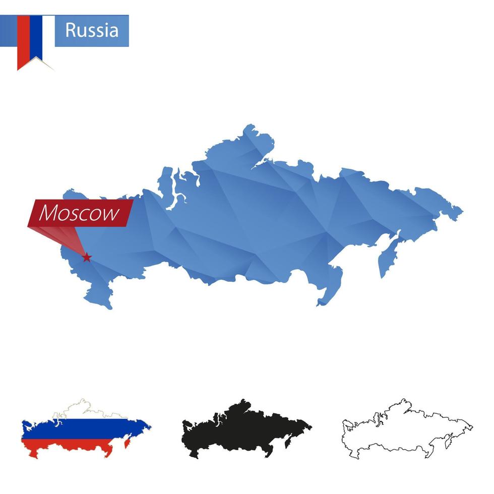 Rusland blauw laag poly kaart met hoofdstad Moskou. vector