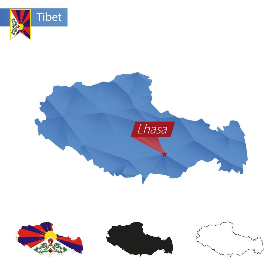 Tibet blauw laag poly kaart met hoofdstad lhasa. vector