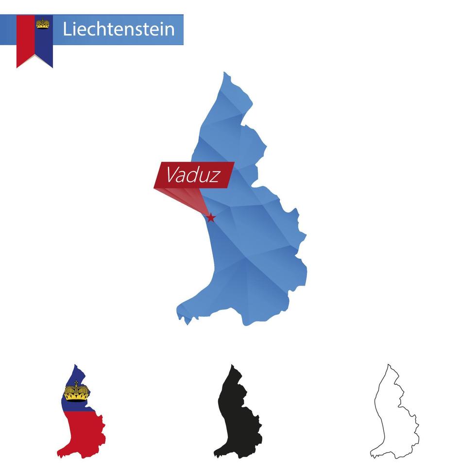 Liechtenstein blauw laag poly kaart met hoofdstad vaduz. vector